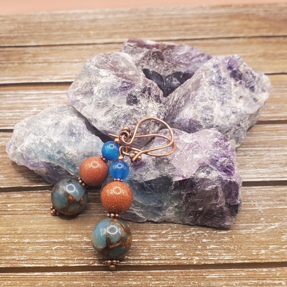 Teal Impression Jasper Goldstone Apatite and Copper Earrings
